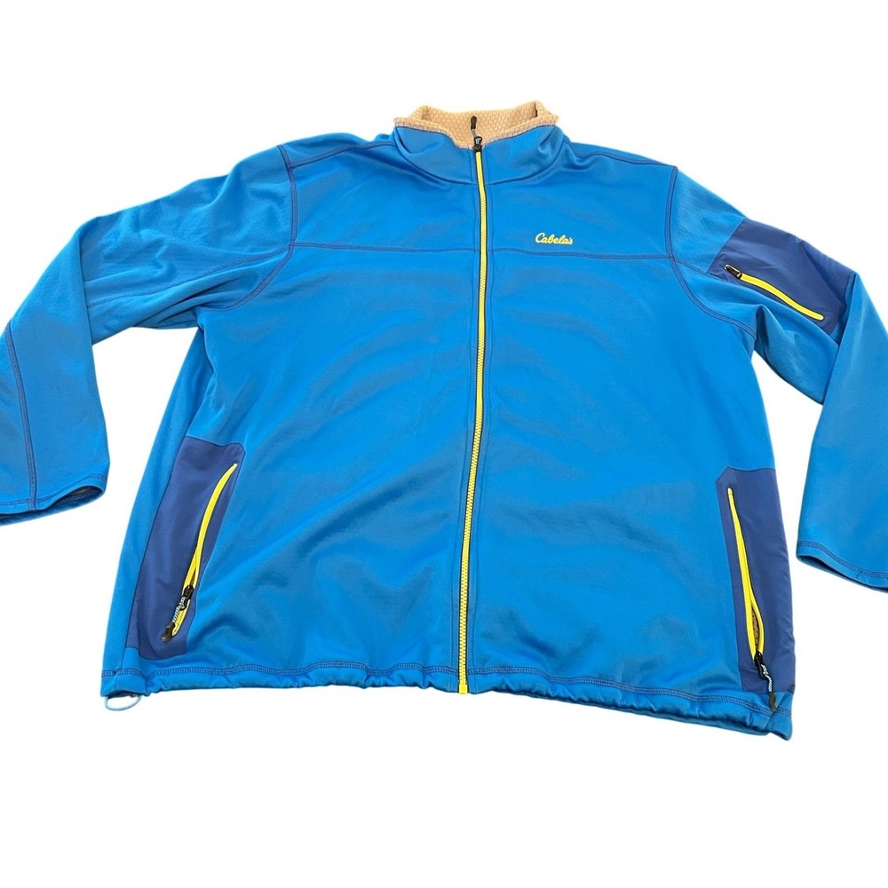 Cabelas Mens 3XL Full Zip Performance Jacket Blue Grid Fleece Outdoor Hiking